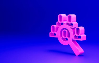 Arama işi simgesi için pembe büyüteç mavi arkaplanda izole edilmiş. İşe alım ya da seçim konsepti. Çalışanları ve işi ara. Minimalizm kavramı. 3 Boyutlu resimleme.