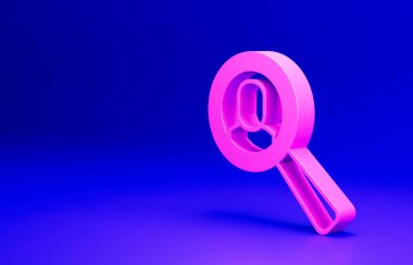 Arama işi simgesi için pembe büyüteç mavi arkaplanda izole edilmiş. İşe alım ya da seçim konsepti. Çalışanları ve işi ara. Minimalizm kavramı. 3 Boyutlu resimleme.