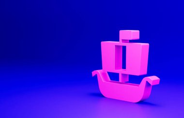 Pembe Antik Viking İskandinav Drakkar ikonu mavi arka planda izole edilmiş. Viking nakliye gemisi. Minimalizm kavramı. 3 Boyutlu resimleme.