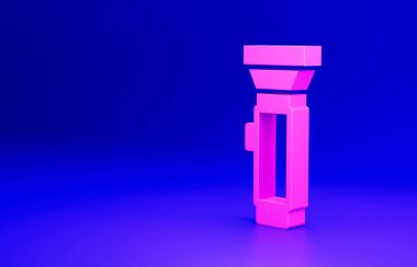 Mavi arkaplanda pembe el feneri simgesi izole edildi. Minimalizm kavramı. 3 Boyutlu resimleme.