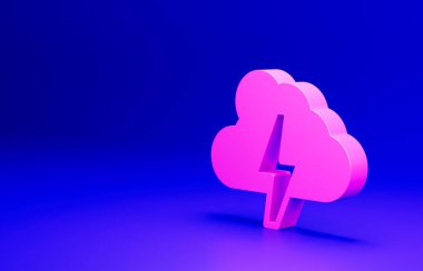 Pembe Fırtına simgesi mavi arkaplanda izole edildi. Bulut ve şimşek işareti. Fırtınanın hava durumu ikonu. Minimalizm kavramı. 3 Boyutlu resimleme.