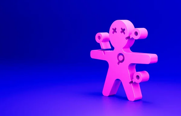 Pink Voodoo doll icon isolated on blue background. Happy Halloween party. Minimalism concept. 3D render illustration.