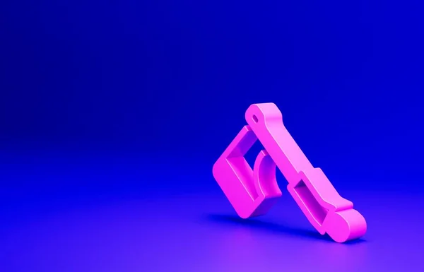 青の背景にピンクの木製の斧のアイコン ルンベルジャック斧 ハッピーハロウィンパーティー 最小限の概念 3Dレンダリング図 — ストック写真