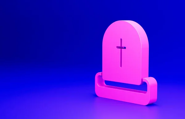 Pink Tombstone with RIP written on it icon isolated on blue background. Grave icon. Happy Halloween party. Minimalism concept. 3D render illustration.