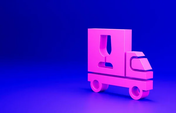 粉色葡萄酒卡车图标隔离在蓝色背景 速递最低纲领的概念 3D渲染说明 — 图库照片