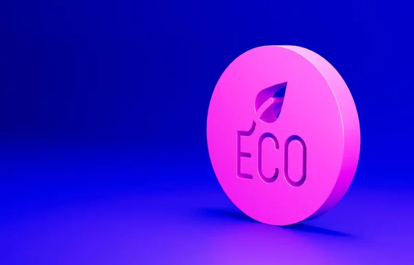 ピンクの葉青い背景に隔離されたエコシンボルアイコン バナー ラベル エコグリーンのステッカー 最小限の概念 3Dレンダリング図 — ストック写真