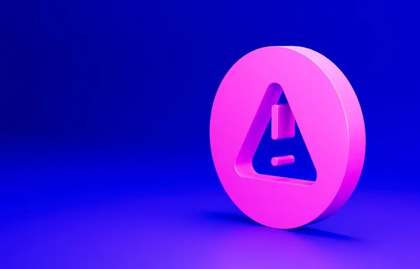 Pink Exclamation mark in triangle icon isolated on blue background. Hazard warning sign, careful, attention, danger warning important. Minimalism concept. 3D render illustration.