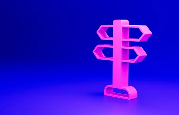 stock image Pink Road traffic sign. Signpost icon isolated on blue background. Pointer symbol. Isolated street information sign. Direction sign. Minimalism concept. 3D render illustration.