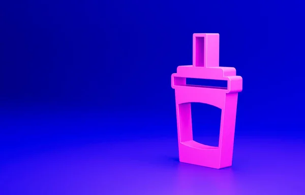 粉色纸杯 酒用吸管和水图标隔离在蓝色背景上 苏打水 新鲜冷饮的象征 最低纲领的概念 3D渲染说明 — 图库照片