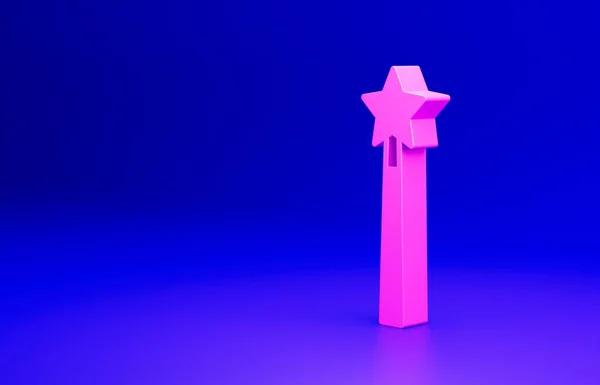 粉色魔杖图标孤立在蓝色背景 星形魔法配件 神奇的力量最低纲领的概念 3D渲染说明 — 图库照片