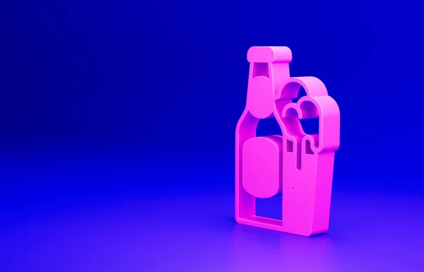 粉色啤酒瓶和玻璃图标隔离在蓝色背景 酒精饮料的象征 最低纲领的概念 3D渲染说明 — 图库照片