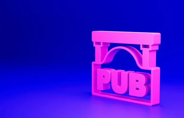 粉红街标牌上刻有蓝色背景的帕布图标 适用于酒吧 咖啡店 餐厅等广告场所 最低纲领的概念 3D渲染说明 — 图库照片