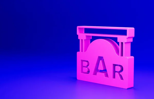 Pink Street signboard with inscription Bar icon isolated on blue background. Suitable for advertisements bar, cafe, restaurant. Minimalism concept. 3D render illustration.
