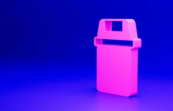 Pink Trash can icon isolated on blue background. Garbage bin sign. Recycle basket icon. Office trash icon. Minimalism concept. 3D render illustration.