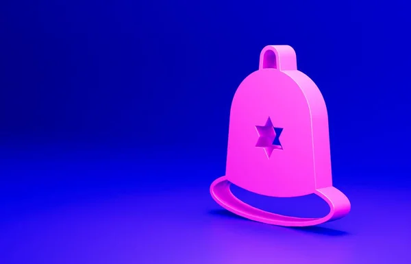 Pink British police helmet icon isolated on blue background. Minimalism concept. 3D render illustration.