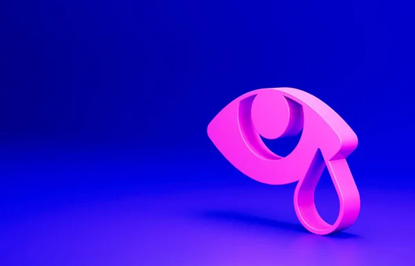 Pink Tear cry eye icon isolated on blue background. Minimalism concept. 3D render illustration.