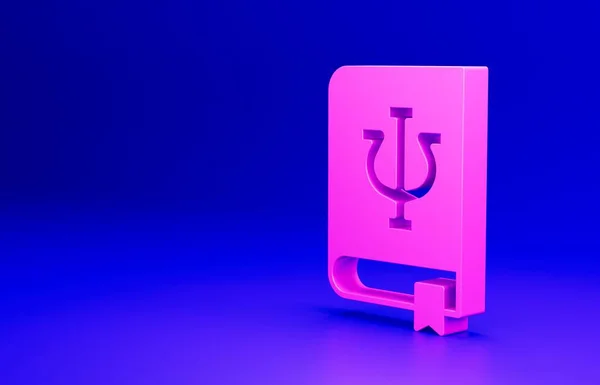 Pink Psychology book icon isolated on blue background. Psi symbol. Mental health concept, psychoanalysis analysis and psychotherapy. Minimalism concept. 3D render illustration.