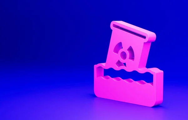 Pink Radioactive waste in barrel icon isolated on blue background. Toxic waste contamination on water. Environmental pollution. Minimalism concept. 3D render illustration.
