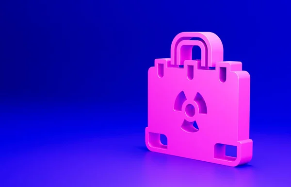 粉色辐射核行李箱图标隔离在蓝色背景 最低纲领的概念 3D渲染说明 — 图库照片