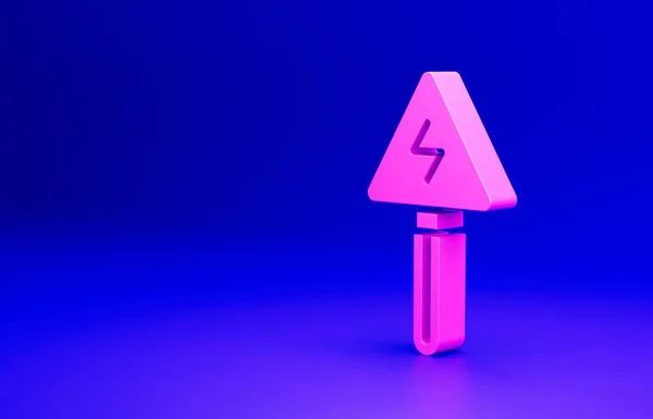 Pink High voltage sign icon isolated on blue background. Danger symbol. Arrow in triangle. Warning icon. Minimalism concept. 3D render illustration.