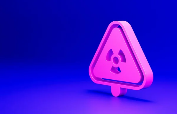 Pink Triangle sign with radiation symbol icon isolated on blue background. Minimalism concept. 3D render illustration.