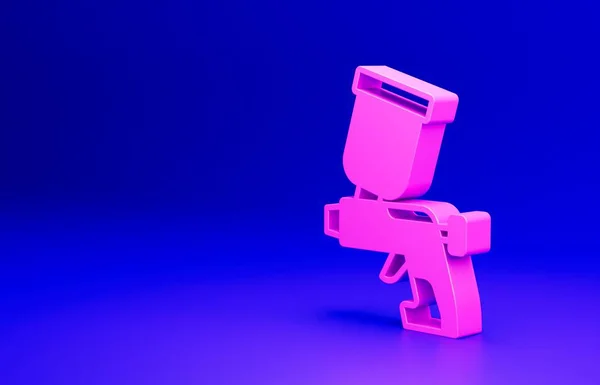 青の背景に隔離されたピンクペイントスプレー銃アイコン 最小限の概念 3Dレンダリング図 — ストック写真