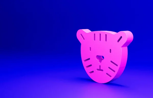 Pink Tiger head icon isolated on blue background. Minimalism concept. 3D render illustration.