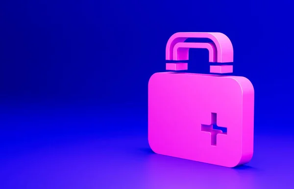 Pink First aid kit icon isolated on blue background. Medical box with cross. Medical equipment for emergency. Healthcare concept. Minimalism concept. 3D render illustration.