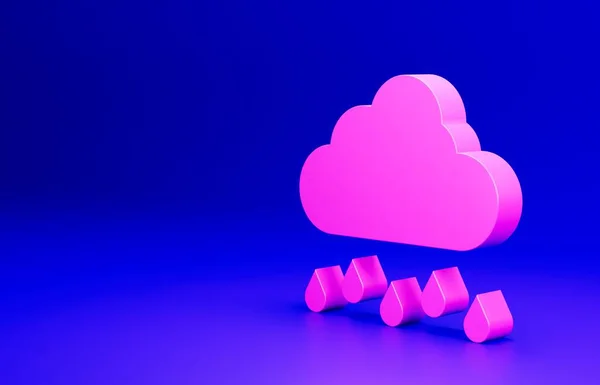 Pink Cloud with rain icon isolated on blue background. Rain cloud precipitation with rain drops. Minimalism concept. 3D render illustration.