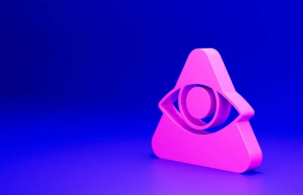Pink Masons symbol All-seeing eye of God icon isolated on blue background. The eye of Providence in the triangle. Minimalism concept. 3D render illustration.