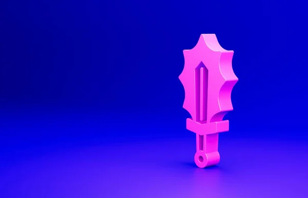 Pink Magic sword in fire icon isolated on blue background. Fiery sword. Magic weapon of knight, sorcerer, magician. Fire spell. Burning blade. Minimalism concept. 3D render illustration.