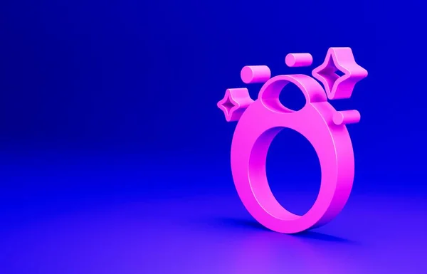 Pink Fantasy magic stone ring with gem icon isolated on blue background. Minimalism concept. 3D render illustration.
