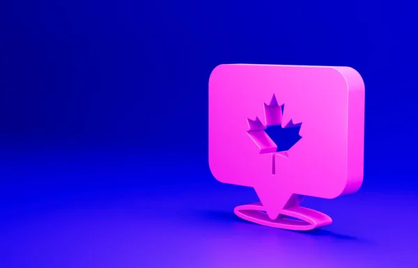 青い背景にピンクのカナダのカエデの葉のアイコンが隔離されています カナダのシンボルカエデの葉 最小限の概念 3Dレンダリング図 — ストック写真