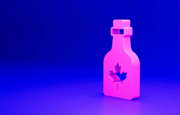 粉色瓶装枫糖浆图标 蓝色背景隔离 最低纲领的概念 3D渲染说明 — 图库照片