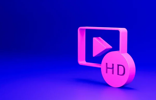 Pink Hd movie, tape, frame icon isolated on blue background. Minimalism concept. 3D render illustration.