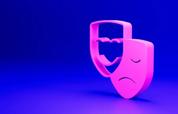 Pink Comedy and tragedy theatrical masks icon isolated on blue background. Minimalism concept. 3D render illustration.