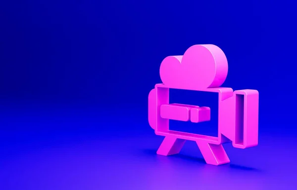 Pink Retro cinema camera icon isolated on blue background. Video camera. Movie sign. Film projector. Minimalism concept. 3D render illustration.
