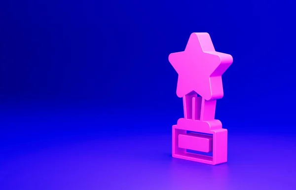 粉色电影奖杯图标孤立在蓝色背景 奥斯卡金像奖电影和电影的象征 最低纲领的概念 3D渲染说明 — 图库照片