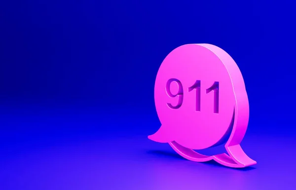 ピンクの電話と緊急通話911アイコンは青の背景に隔離されています 警察救急車消防署電話 最小限の概念 3Dレンダリング図 — ストック写真