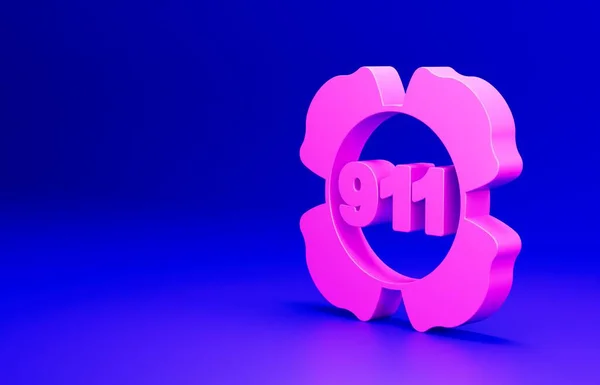 Pink Telephone with emergency call 911 icon isolated on blue background. Police, ambulance, fire department, call, phone. Minimalism concept. 3D render illustration.