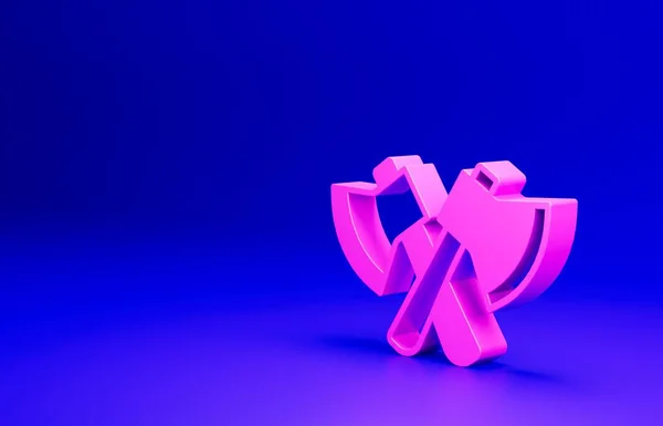 粉色木制斧头图标隔离在蓝色背景 伐木工斧头最低纲领的概念 3D渲染说明 — 图库照片