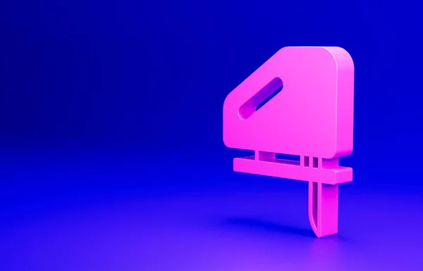 Pink Electric jigsaw with steel sharp blade icon isolated on blue background. Power tool for woodwork. Minimalism concept. 3D render illustration.