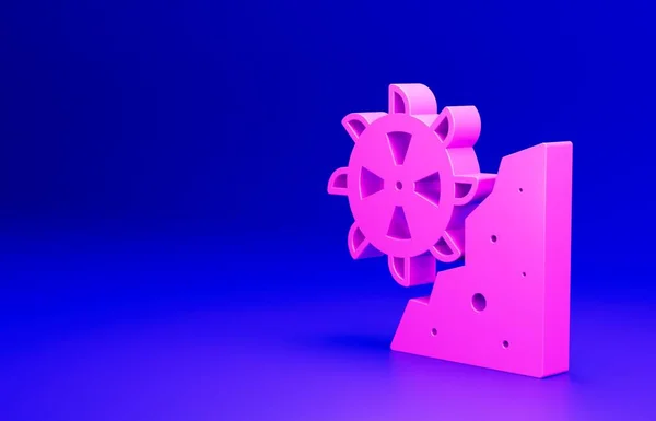Pink Bucket wheel excavator icon isolated on blue background. Minimalism concept. 3D render illustration.