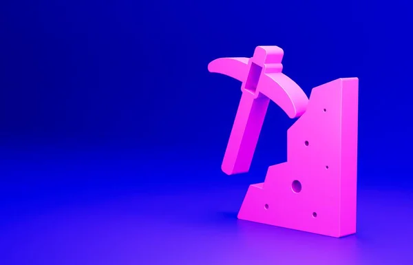 青の背景にピンクのピックアックスのアイコンが孤立 最小限の概念 3Dレンダリング図 — ストック写真