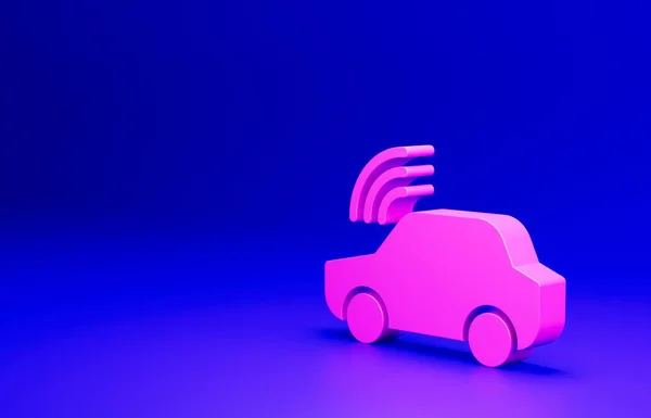 Pink Smart car system with wireless connection icon isolated on blue background. Remote car control. Minimalism concept. 3D render illustration.