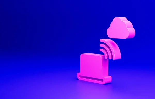Pink Network cloud connection icon isolated on blue background. Social technology. Cloud computing concept. Minimalism concept. 3D render illustration.