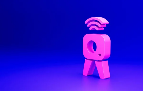 Pink Web camera icon isolated on blue background. Chat camera. Webcam icon. Minimalism concept. 3D render illustration.