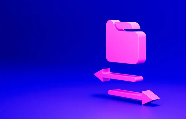 Pink Transfer files icon isolated on blue background. Copy files, data exchange, backup, PC migration, file sharing concepts. Minimalism concept. 3D render illustration.