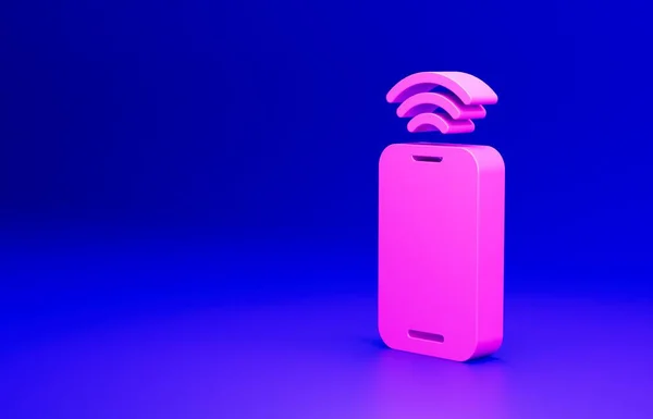 Pink Smartphone with free wi-fi wireless connection icon isolated on blue background. Wireless technology, wi-fi connection, wireless network. Minimalism concept. 3D render illustration.