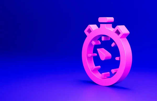 Pink Stopwatch icon isolated on blue background. Time timer sign. Chronometer sign. Minimalism concept. 3D render illustration.